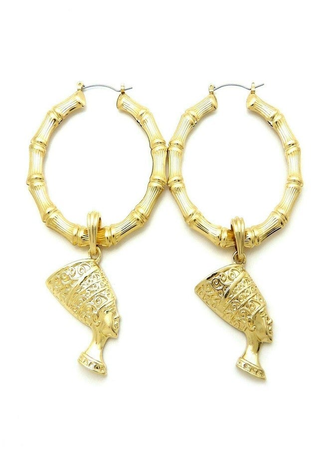BLINGFACTORY Women's Fashion Gold Plated Nefertiti Dangling Pincatch Hoop Bamboo Earrings - Image 1